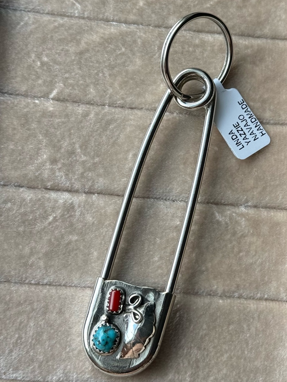 Native Linda Yazzi .925 Silver Safety Pin Keychain Turquoise and Coral Stones